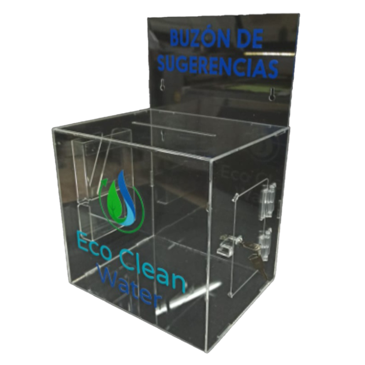 Buzón de sugerencias de acrílico transparente, 20x20x18cm, con cerradura de llave, ideal para recoger opiniones de manera segura, personalizable con grabado láser e impresión digital.