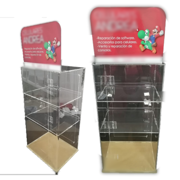 Exhibidor de acrílico transparente con puertas de llave, 24x40x18cm, 3 niveles, y corona flexible de 24x14cm, ideal para mostrar productos de manera segura, personalizable con grabado láser e impresión digital.