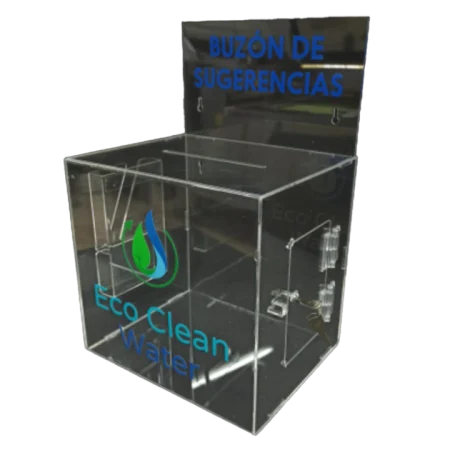 Buzón de sugerencias de acrílico transparente, 20x20x18cm, con cerradura de llave, ideal para recoger opiniones de manera segura, personalizable con grabado láser e impresión digital.