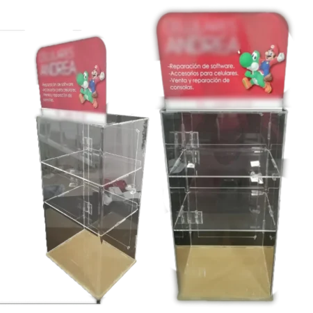 Exhibidor de acrílico transparente con puertas de llave, 24x40x18cm, 3 niveles, y corona flexible de 24x14cm, ideal para mostrar productos de manera segura, personalizable con grabado láser e impresión digital.